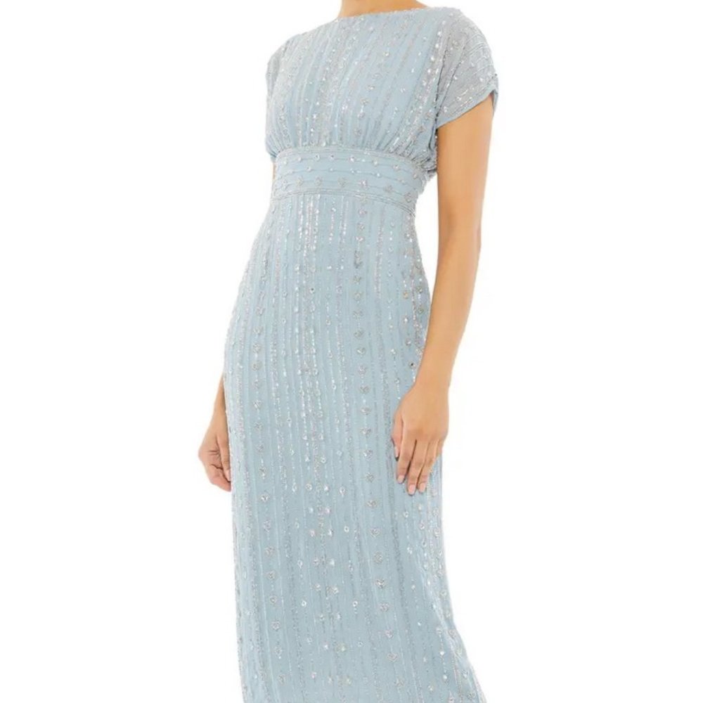 Mac Duggal Slate Blue Beaded Empire Waist Column Midi Cocktail Dress